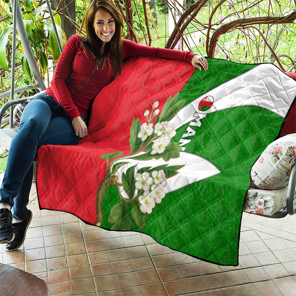 Oman Quilt with White Blossom Floral Design and National Flag Colors