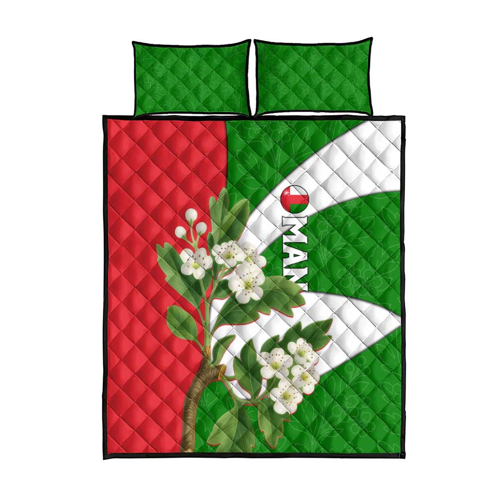 Oman Quilt Bed Set with White Blossom Floral Design and National Flag Colors