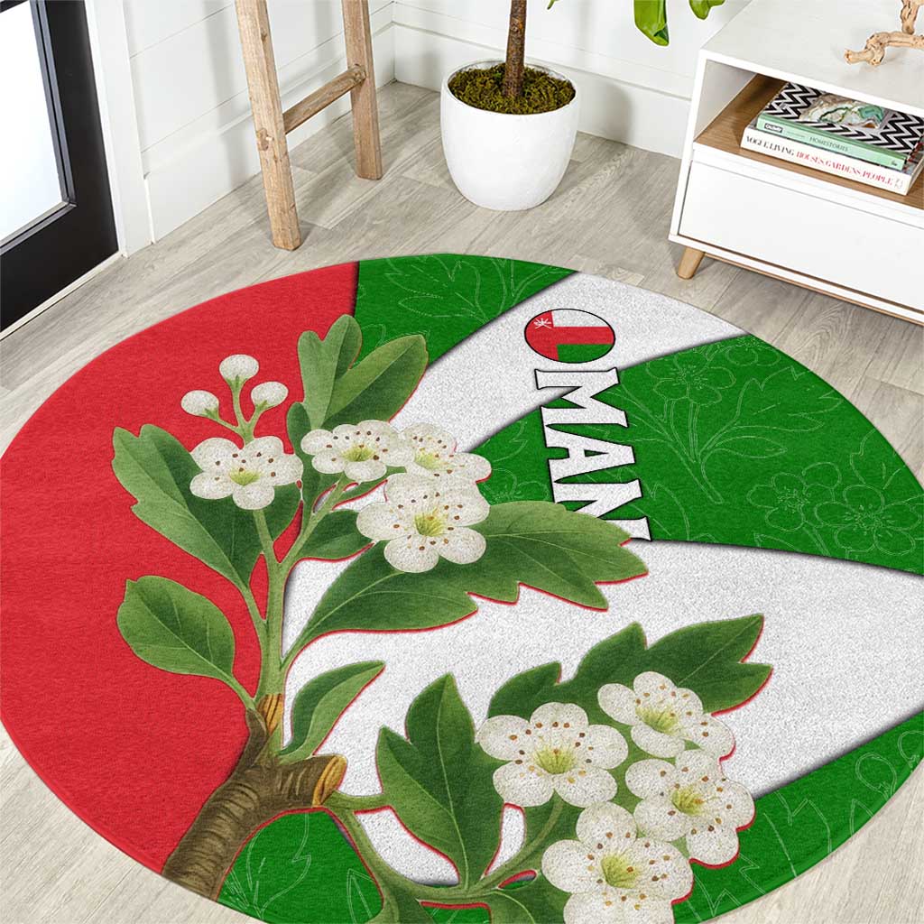 Oman Round Carpet with White Blossom Floral Design and National Flag Colors