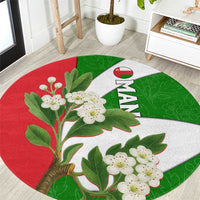 Oman Round Carpet with White Blossom Floral Design and National Flag Colors