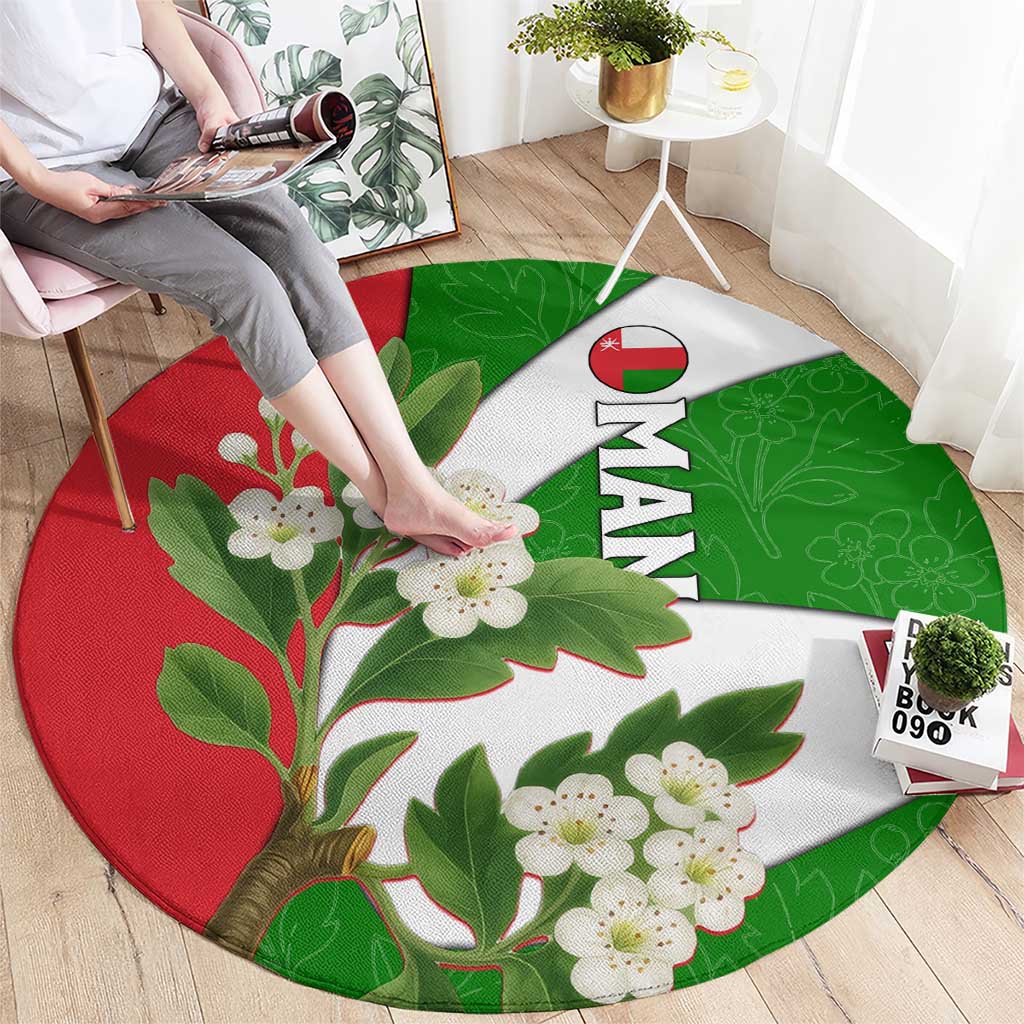 Oman Round Carpet with White Blossom Floral Design and National Flag Colors