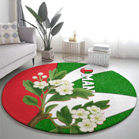 Oman Round Carpet with White Blossom Floral Design and National Flag Colors