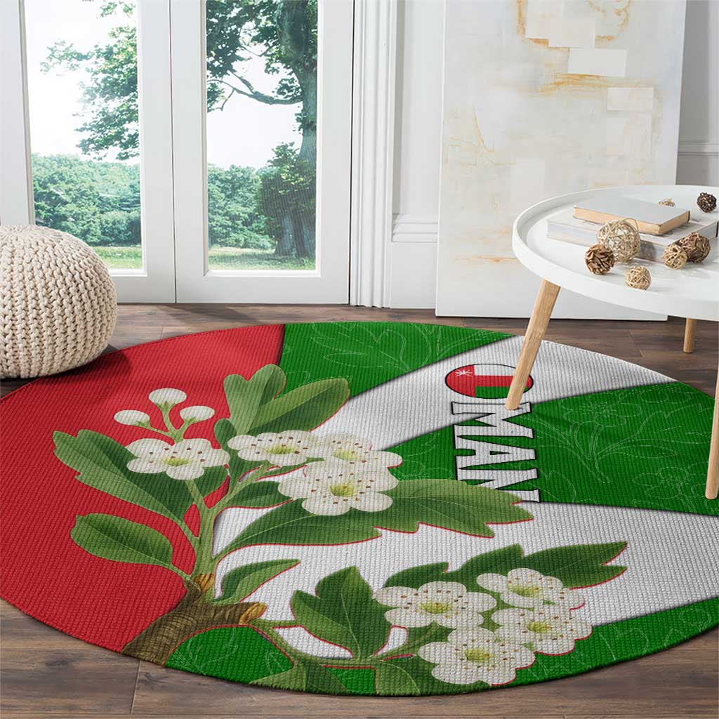 Oman Round Carpet with White Blossom Floral Design and National Flag Colors