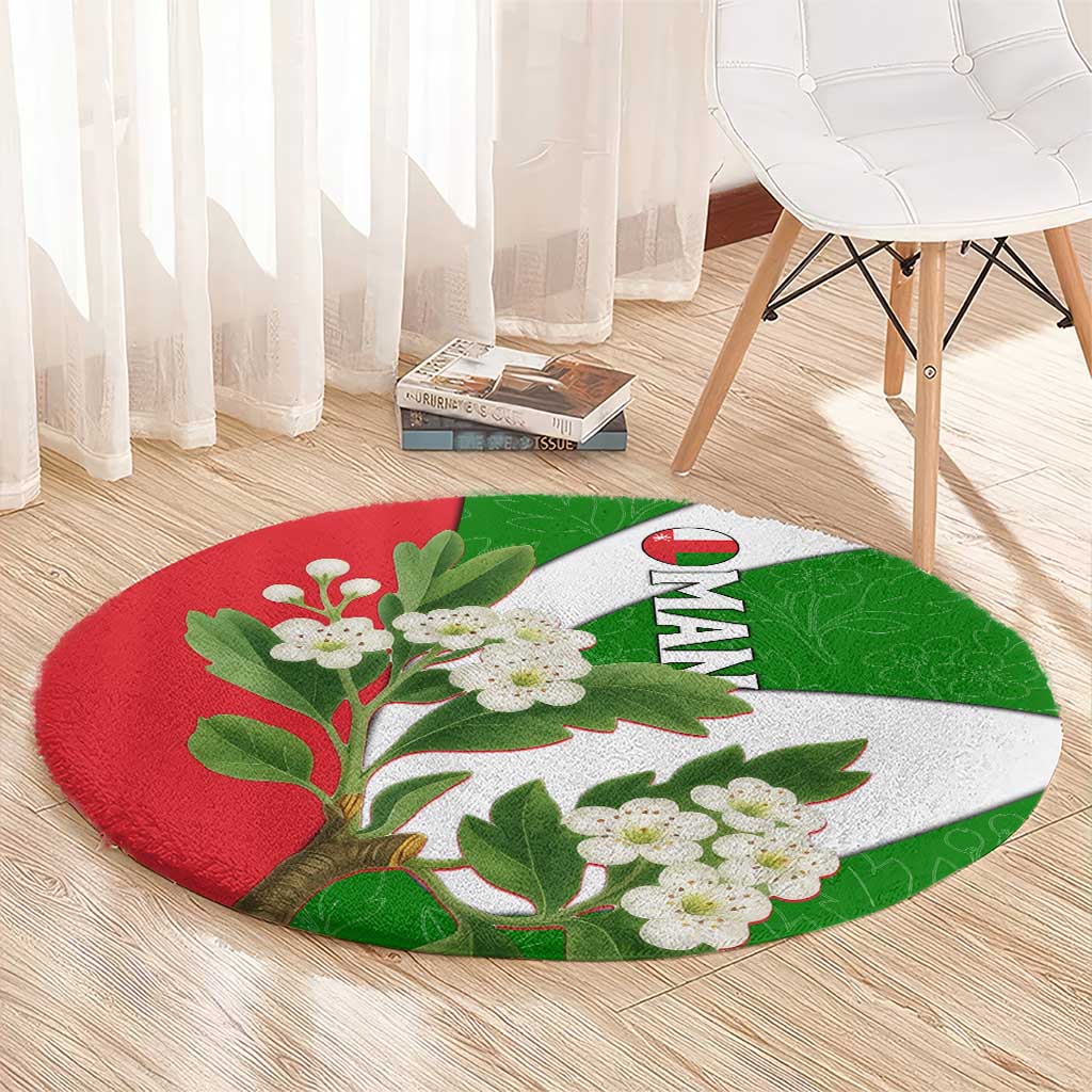 Oman Round Carpet with White Blossom Floral Design and National Flag Colors