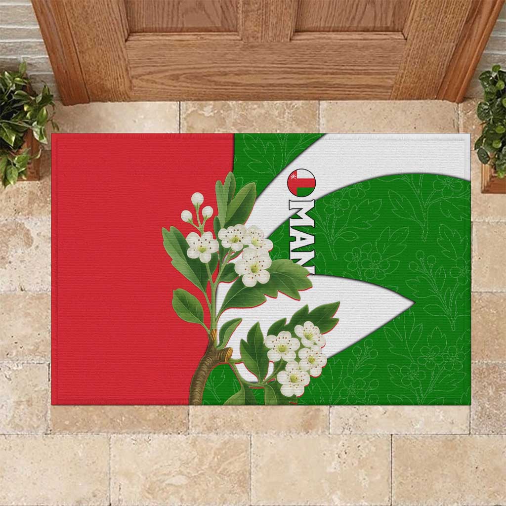 Oman Rubber Doormat with White Blossom Floral Design and National Flag Colors
