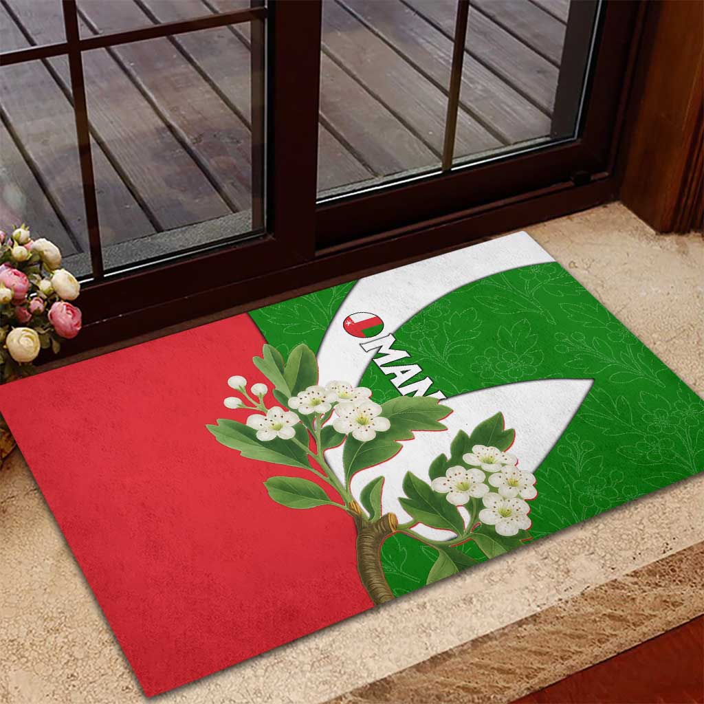 Oman Rubber Doormat with White Blossom Floral Design and National Flag Colors