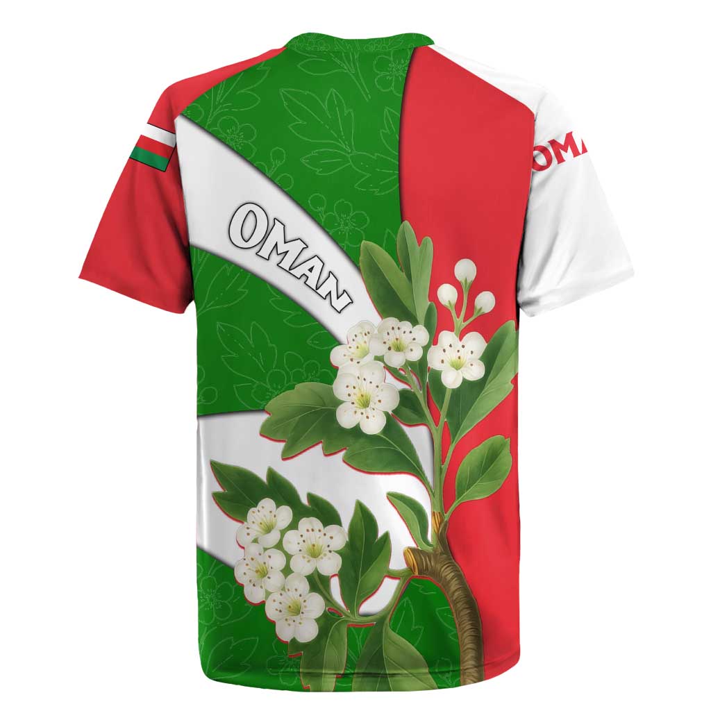 Oman Rugby Jersey with White Blossom Floral Design and National Flag Colors