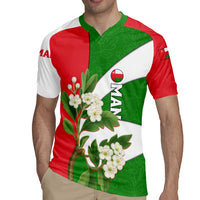Oman Rugby Jersey with White Blossom Floral Design and National Flag Colors