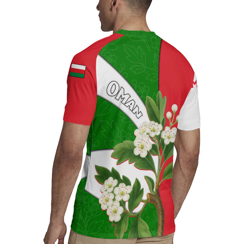 Oman Rugby Jersey with White Blossom Floral Design and National Flag Colors