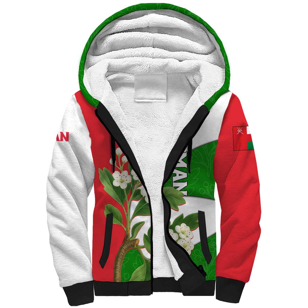 Oman Sherpa Hoodie with White Blossom Floral Design and National Flag Colors