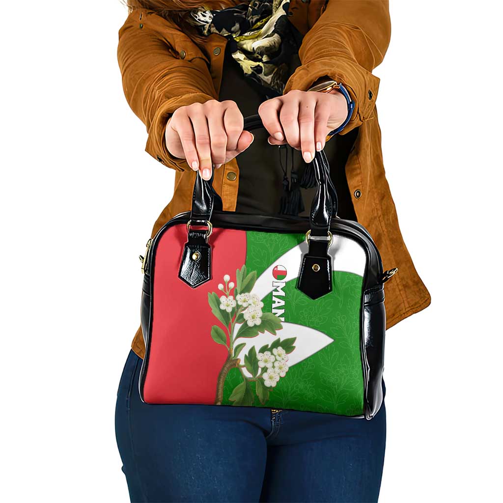Oman Shoulder Handbag with White Blossom Floral Design and National Flag Colors