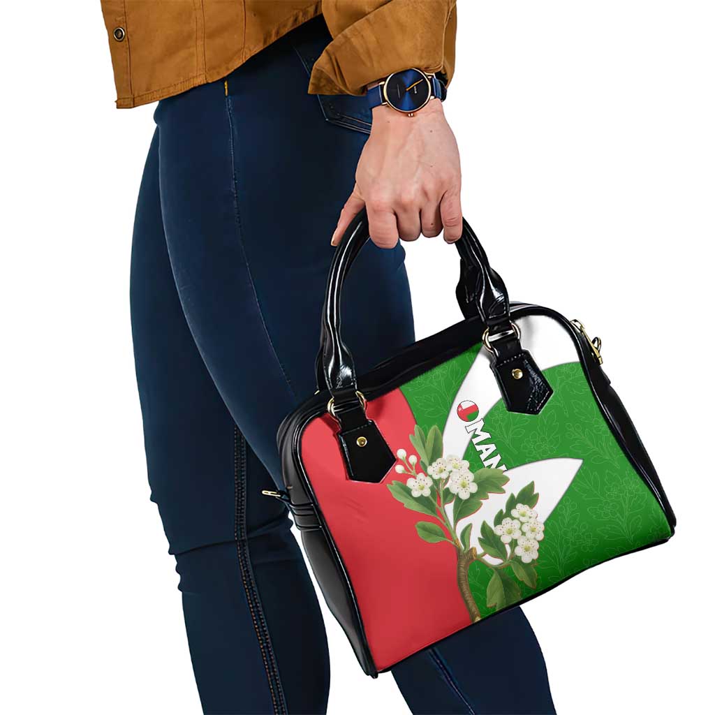 Oman Shoulder Handbag with White Blossom Floral Design and National Flag Colors