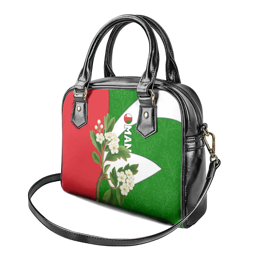 Oman Shoulder Handbag with White Blossom Floral Design and National Flag Colors