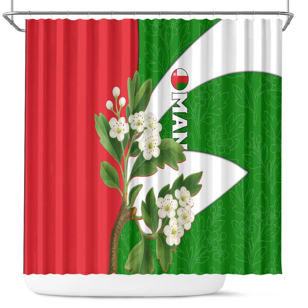 Oman Shower Curtain with White Blossom Floral Design and National Flag Colors