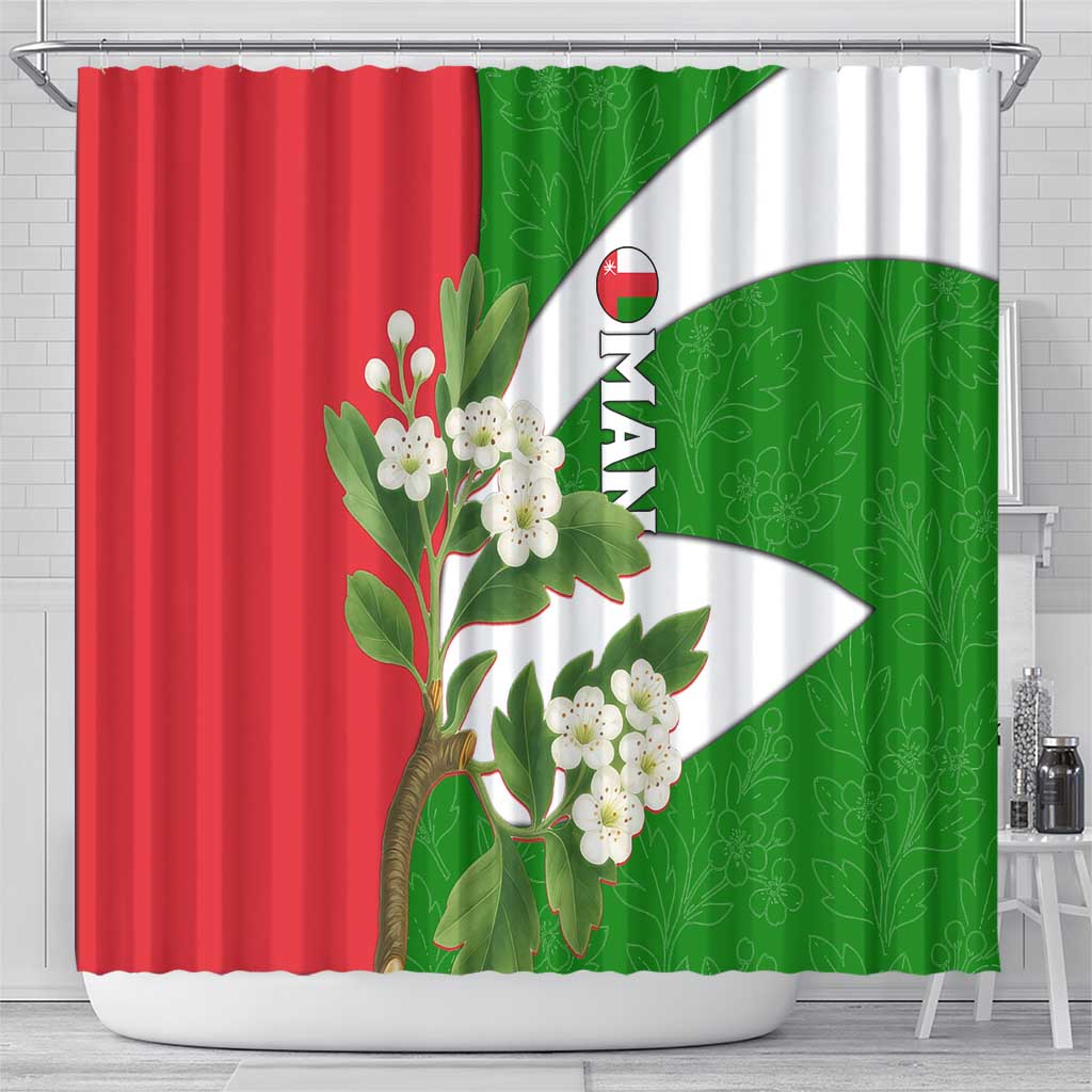 Oman Shower Curtain with White Blossom Floral Design and National Flag Colors