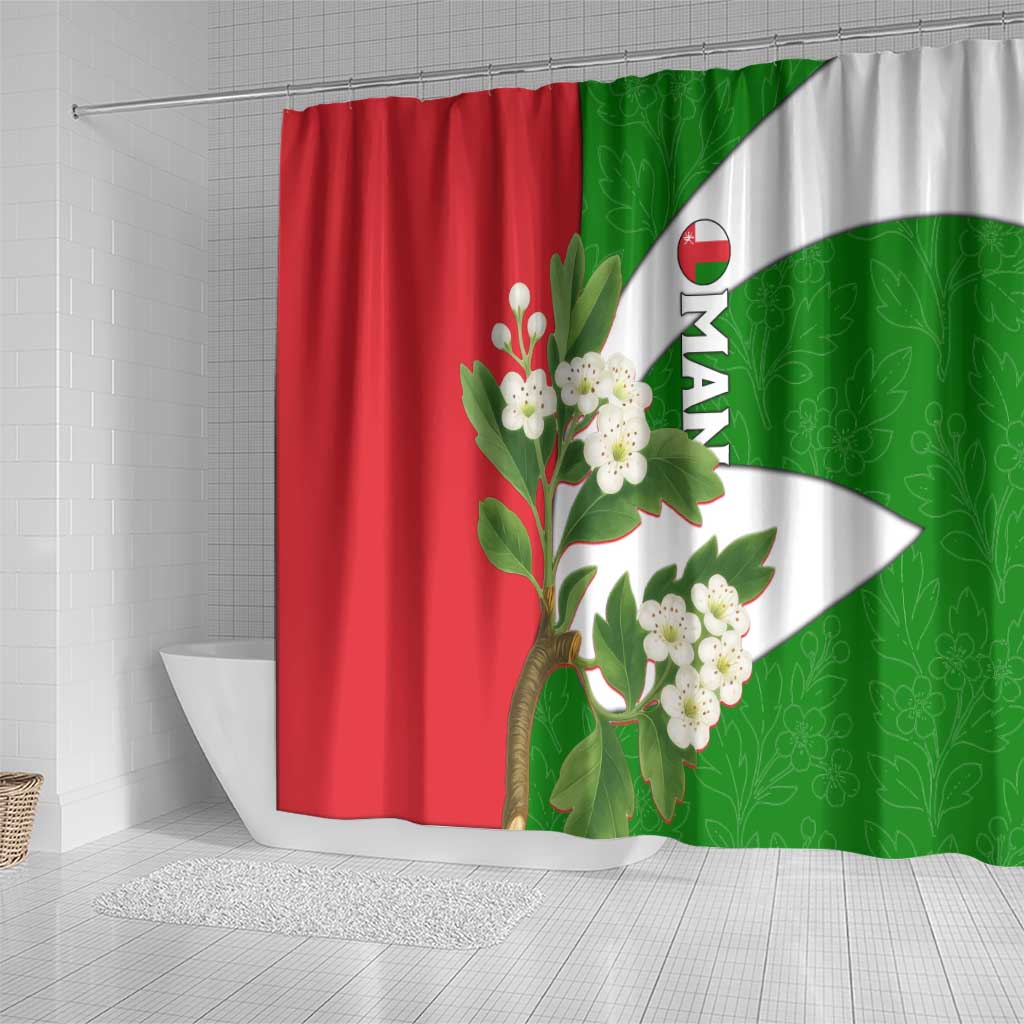 Oman Shower Curtain with White Blossom Floral Design and National Flag Colors