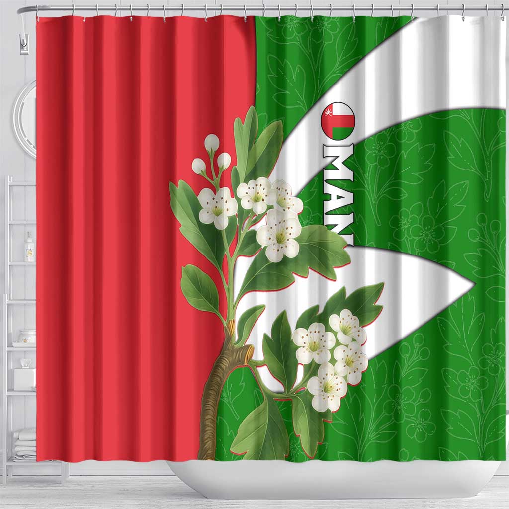Oman Shower Curtain with White Blossom Floral Design and National Flag Colors