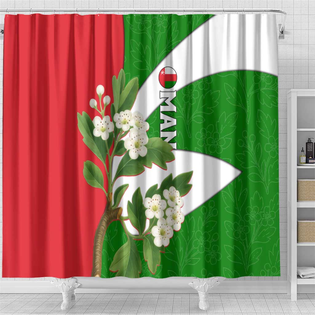 Oman Shower Curtain with White Blossom Floral Design and National Flag Colors