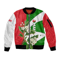 Oman Sleeve Zip Bomber Jacket with White Blossom Floral Design and National Flag Colors