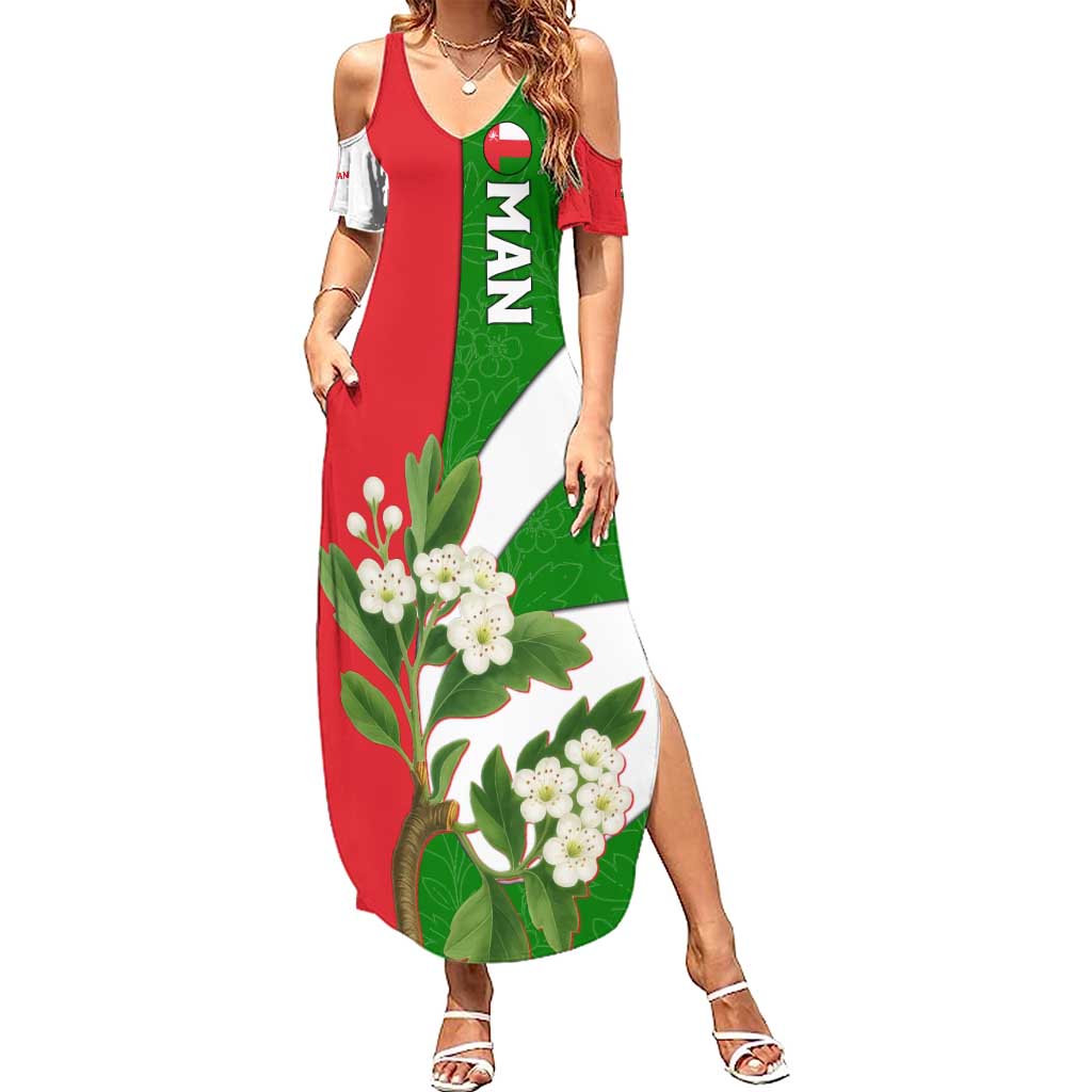 Oman Summer Maxi Dress with White Blossom Floral Design and National Flag Colors