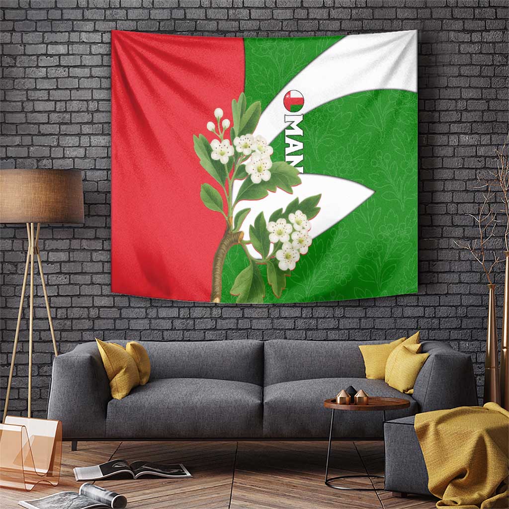 Oman Tapestry with White Blossom Floral Design and National Flag Colors