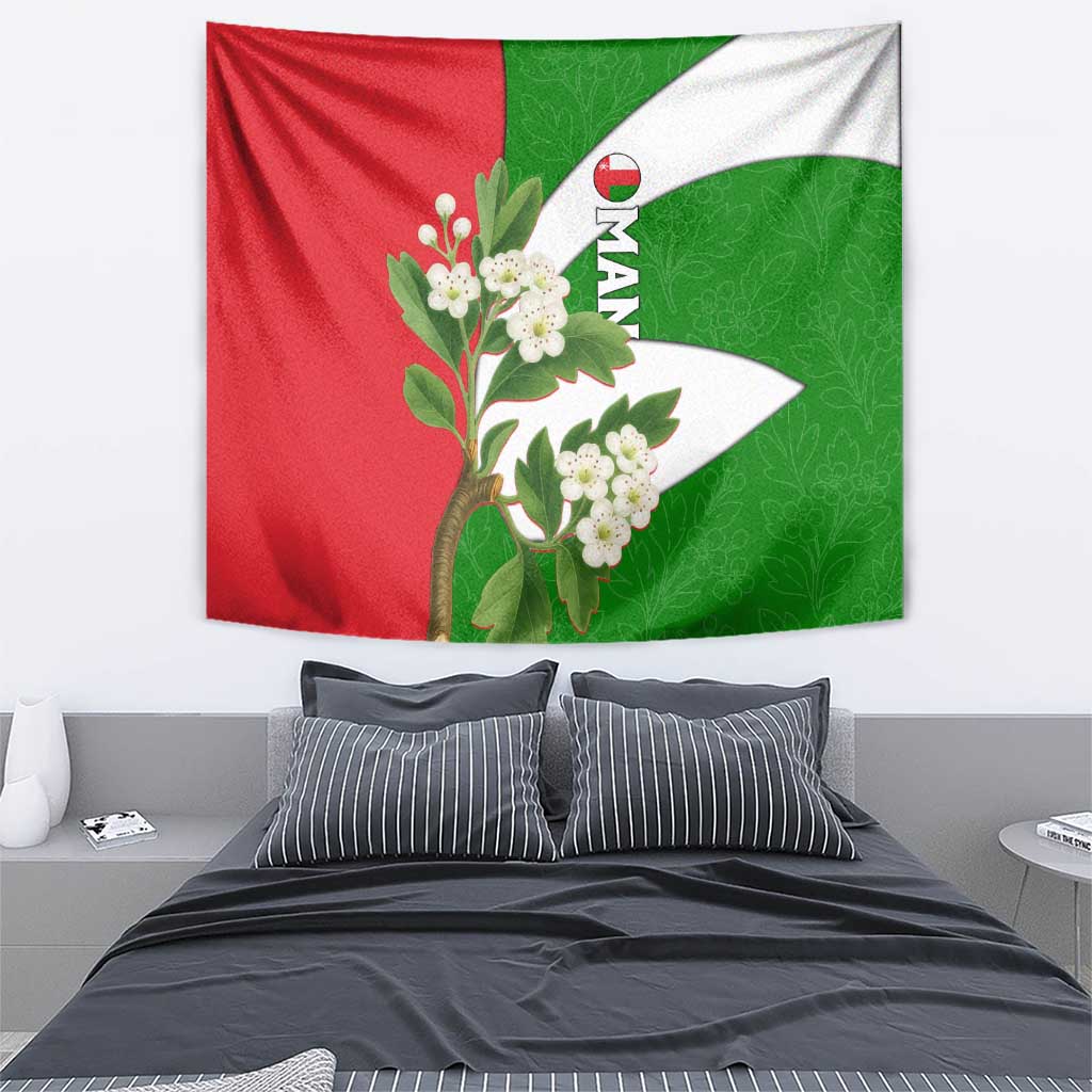 Oman Tapestry with White Blossom Floral Design and National Flag Colors