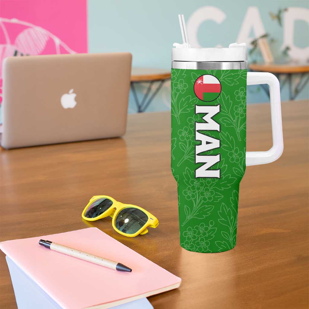 Oman Tumbler With Handle with White Blossom Floral Design and National Flag Colors