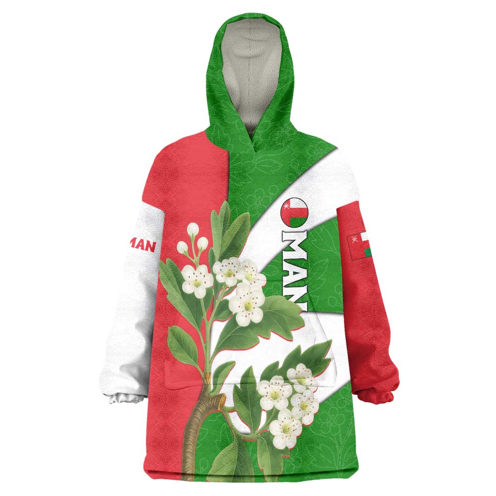 Oman Wearable Blanket Hoodie with White Blossom Floral Design and National Flag Colors