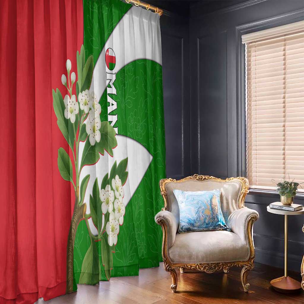 Oman Window Curtain with White Blossom Floral Design and National Flag Colors