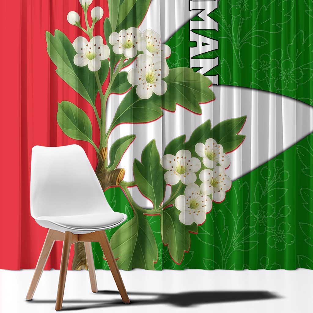 Oman Window Curtain with White Blossom Floral Design and National Flag Colors