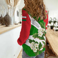 Oman Women Casual Shirt with White Blossom Floral Design and National Flag Colors