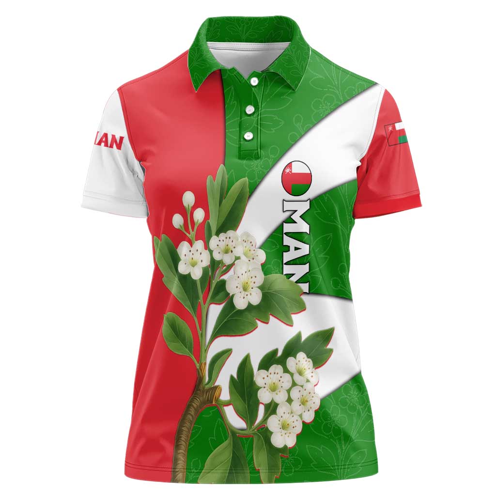 Oman Women Polo Shirt with White Blossom Floral Design and National Flag Colors