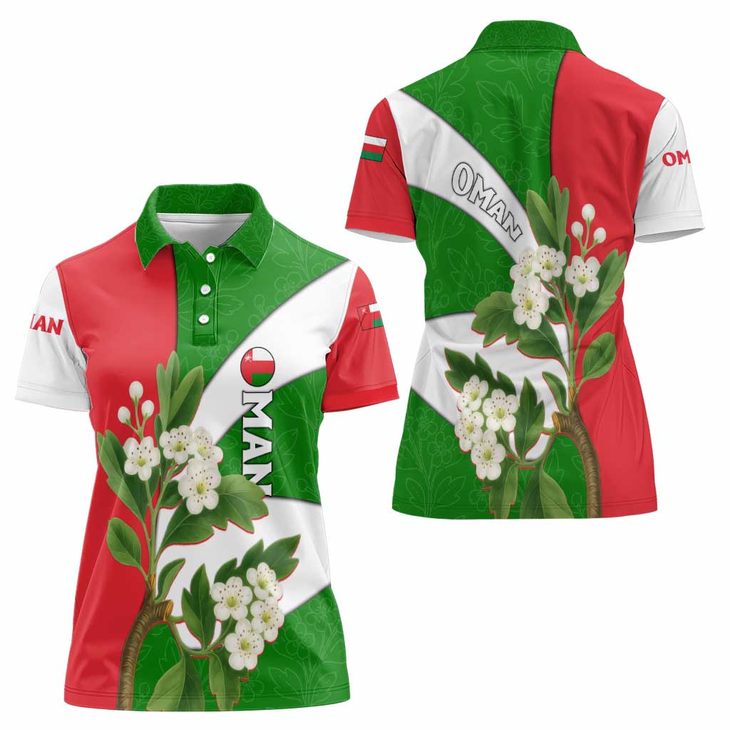 Oman Women Polo Shirt with White Blossom Floral Design and National Flag Colors