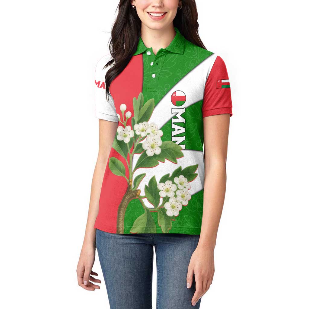 Oman Women Polo Shirt with White Blossom Floral Design and National Flag Colors