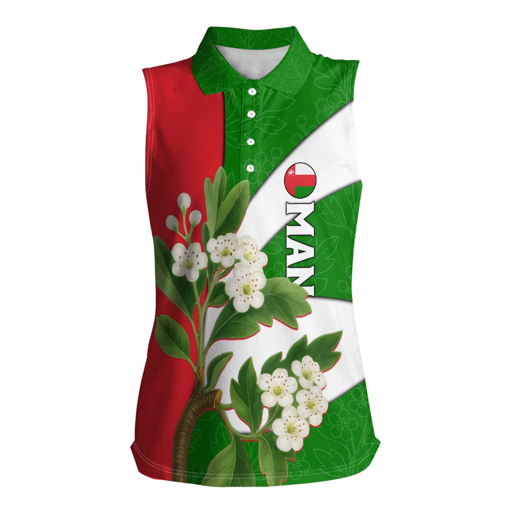 Oman Women Sleeveless Polo Shirt with White Blossom Floral Design and National Flag Colors