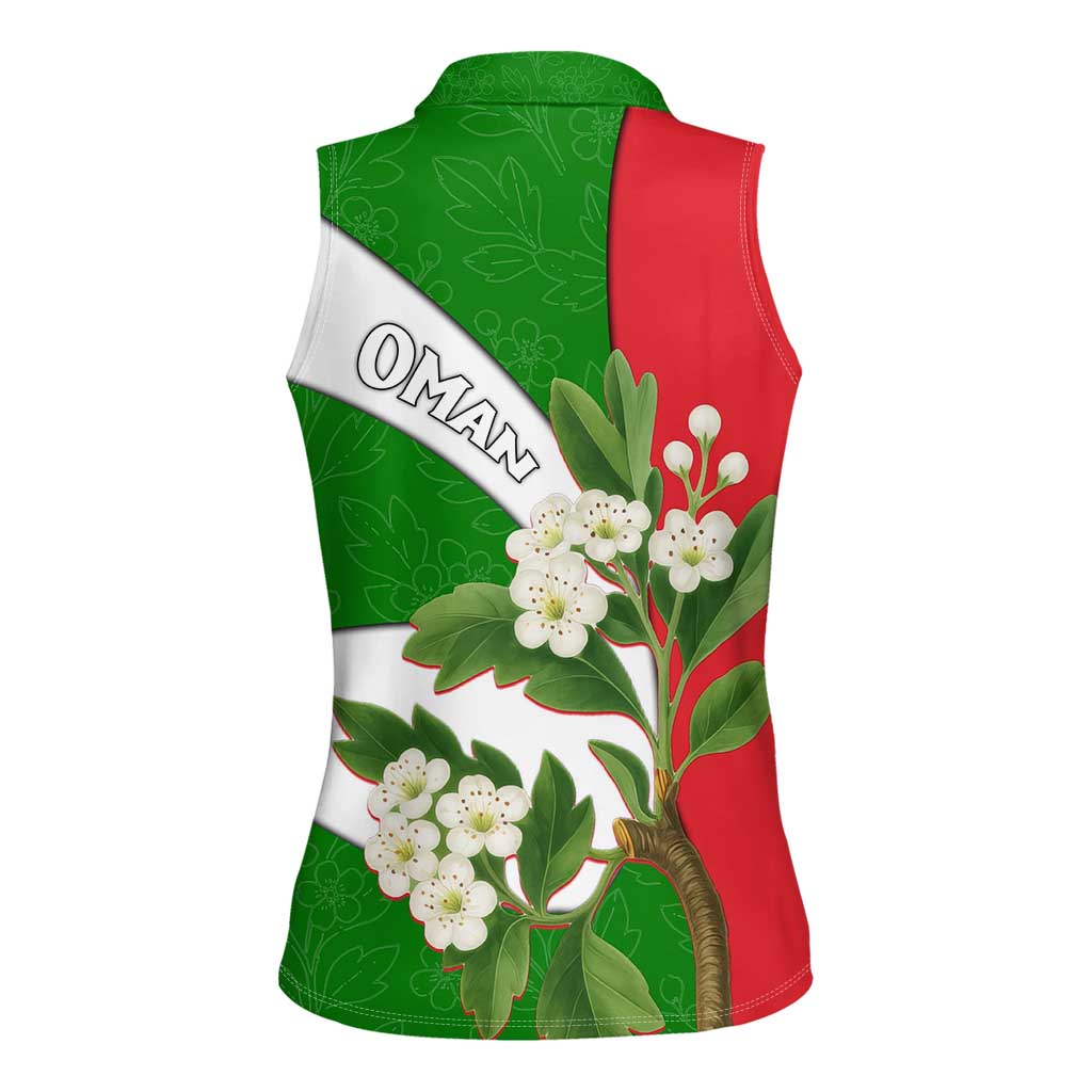 Oman Women Sleeveless Polo Shirt with White Blossom Floral Design and National Flag Colors