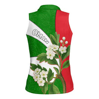 Oman Women Sleeveless Polo Shirt with White Blossom Floral Design and National Flag Colors