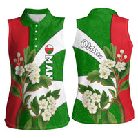 Oman Women Sleeveless Polo Shirt with White Blossom Floral Design and National Flag Colors