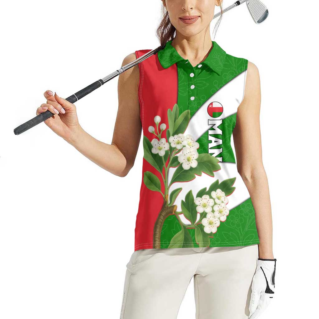 Oman Women Sleeveless Polo Shirt with White Blossom Floral Design and National Flag Colors
