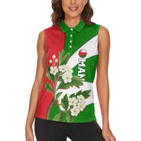 Oman Women Sleeveless Polo Shirt with White Blossom Floral Design and National Flag Colors