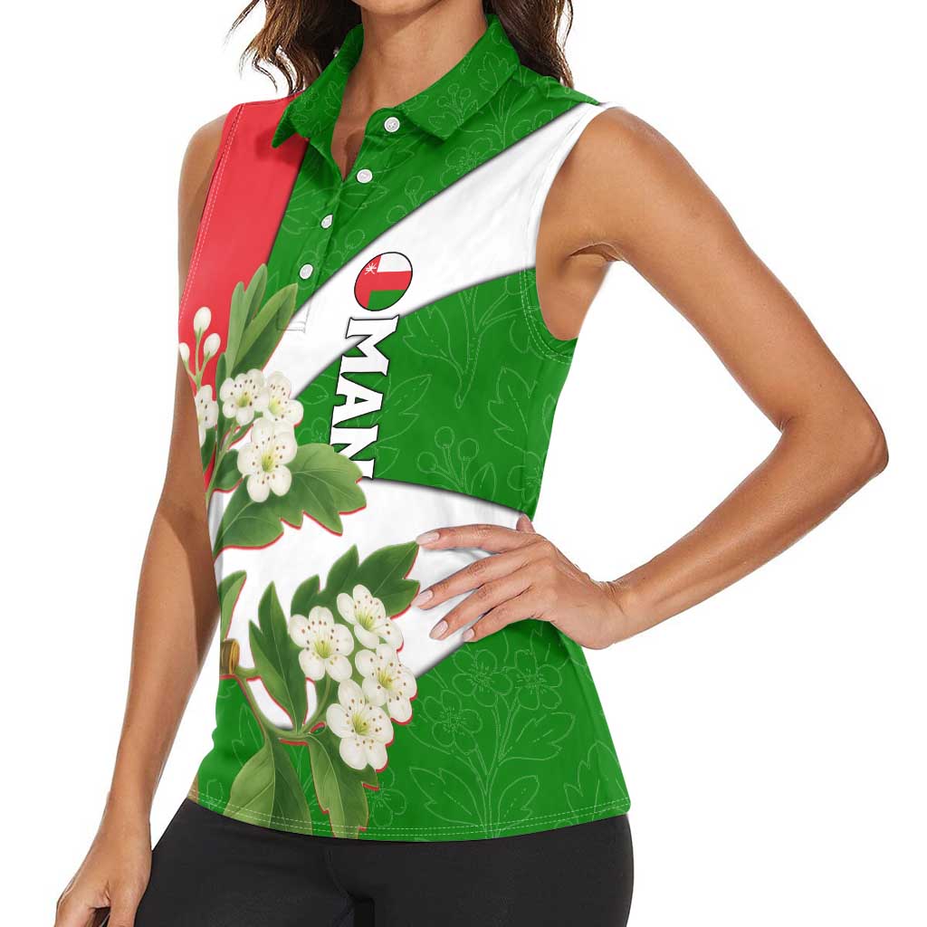 Oman Women Sleeveless Polo Shirt with White Blossom Floral Design and National Flag Colors
