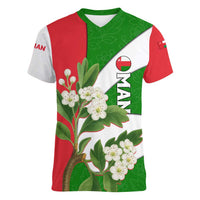 Oman Women V-Neck T-Shirt with White Blossom Floral Design and National Flag Colors