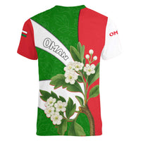 Oman Women V-Neck T-Shirt with White Blossom Floral Design and National Flag Colors