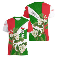 Oman Women V-Neck T-Shirt with White Blossom Floral Design and National Flag Colors