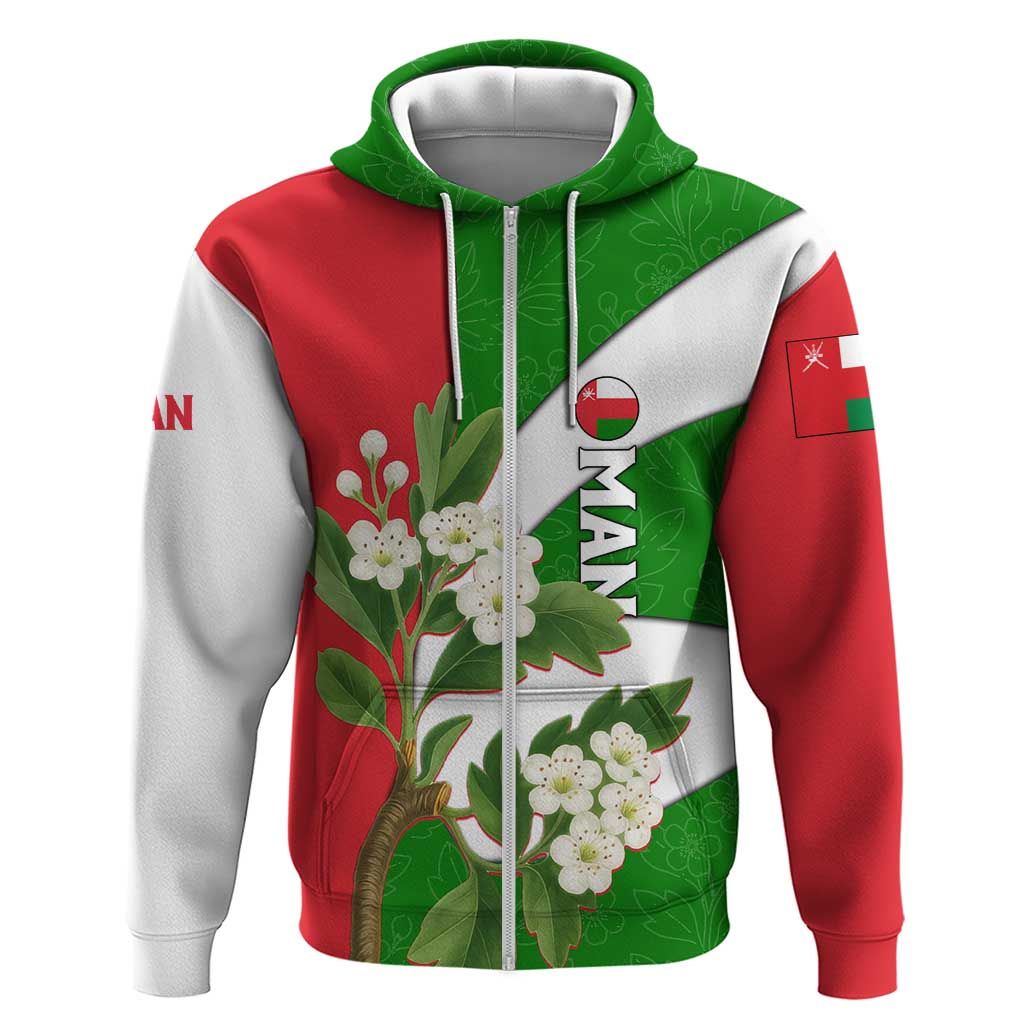 Oman Zip Hoodie with White Blossom Floral Design and National Flag Colors