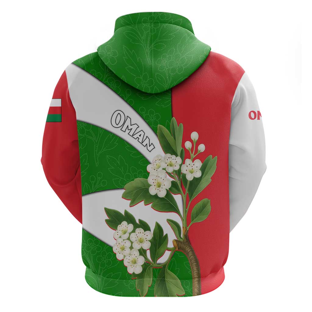 Oman Zip Hoodie with White Blossom Floral Design and National Flag Colors