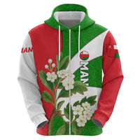 Oman Zip Hoodie with White Blossom Floral Design and National Flag Colors