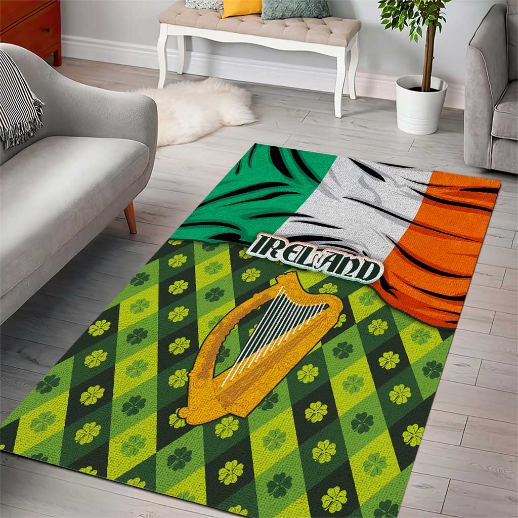 Ireland Area Rug with Irish Flag Harp and Shamrock Pattern Design