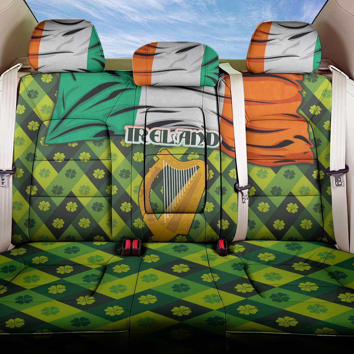 Ireland Back Car Seat Cover with Irish Flag Harp and Shamrock Pattern Design
