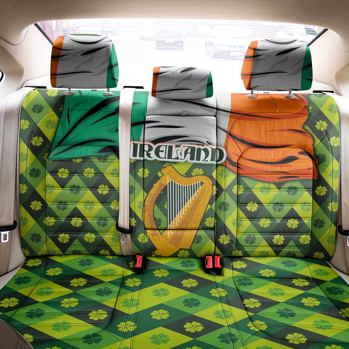 Ireland Back Car Seat Cover with Irish Flag Harp and Shamrock Pattern Design